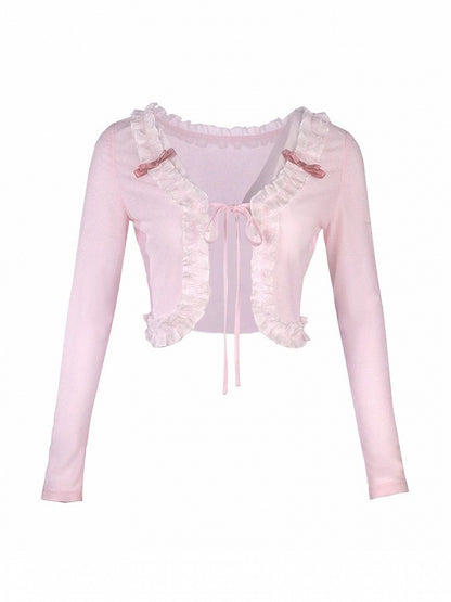 Cardigan With Self-tie Pink Bow Knit Crop Straps  Lace Trim