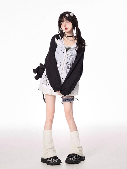 Design Hood Ears Kitty Colorblock Zip-up Jacket Cartoon Print Black/Green
