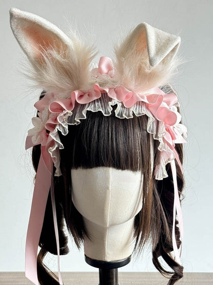 Pink Ears and Red/Pink/Black Rabbit Daisy with Hairband Decoration Lolita Lace