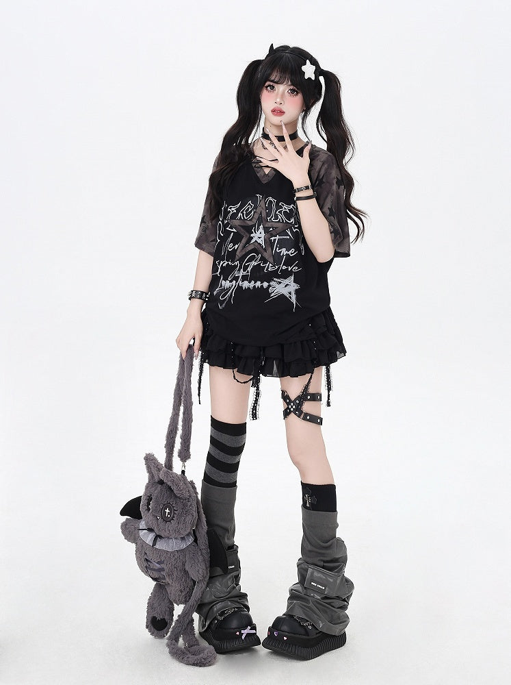 Design Lace-up V-Neck Star T-Shirt Loose Black Colorblock Print