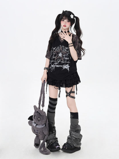 Design Lace-up V-Neck Star T-Shirt Loose Black Colorblock Print