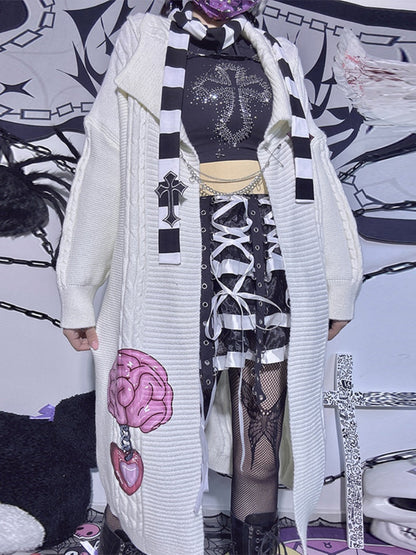 Black&Gray Plaid Pattern Kitty and Panda Pin Chain Shirt+White Brain Knitted Long Cardigan