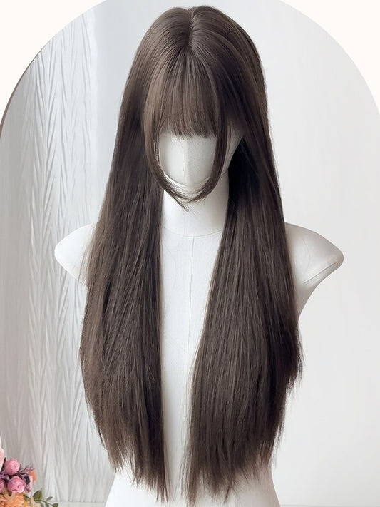Milk Tea Long Straight Synthetic Wig With Bangs