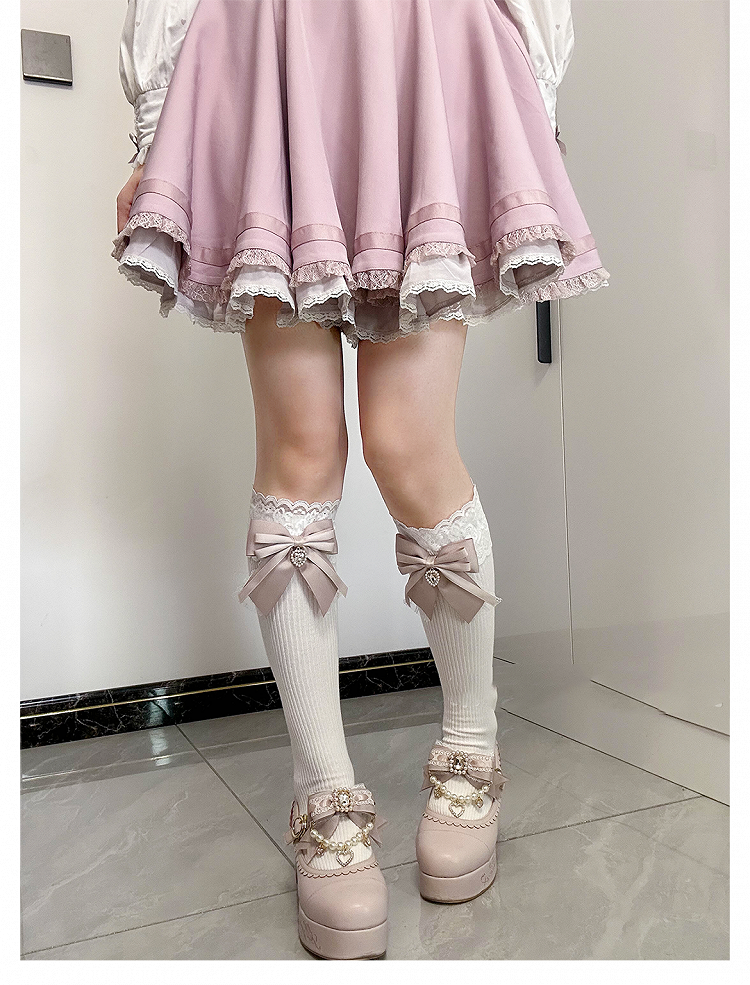 Front Bow Detail Dusty Heart Rhinestone Jirai Kei Under Knee Stockings Pink