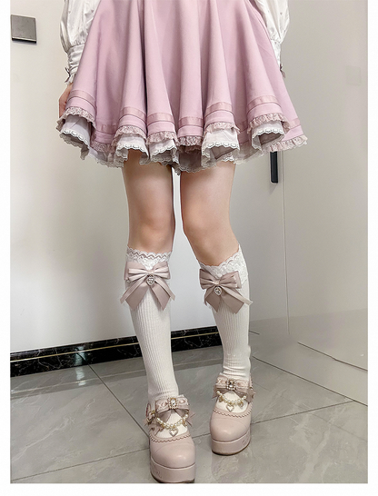 Front Bow Detail Dusty Heart Rhinestone Jirai Kei Under Knee Stockings Pink