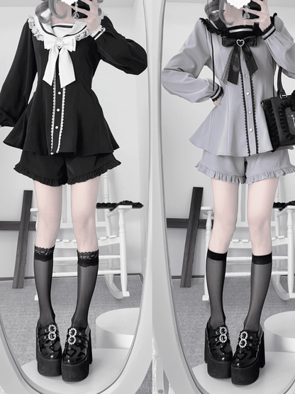 Black White Kei + Ears Bow Mini Dress + Ruffle Hem Shorts Jirai and Back Tie Sailor Collar Bunny Design Set-