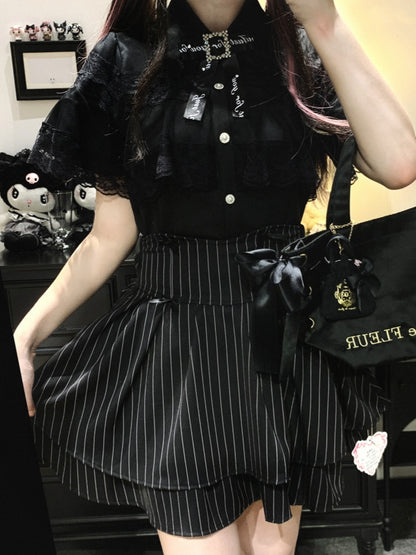 Jirai Kei Black/White/BlackWhite Lace Cape Design Short Sleeves Blouse