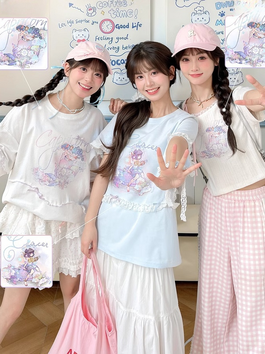 Long/Short Capricorn Constellation Print White Cotton T-Shirt Verison