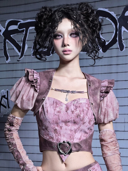Puff Glitter Rhinestone Denim Punk Y2K Sleeves Pastel Lettering Pink Shrug Detachable with