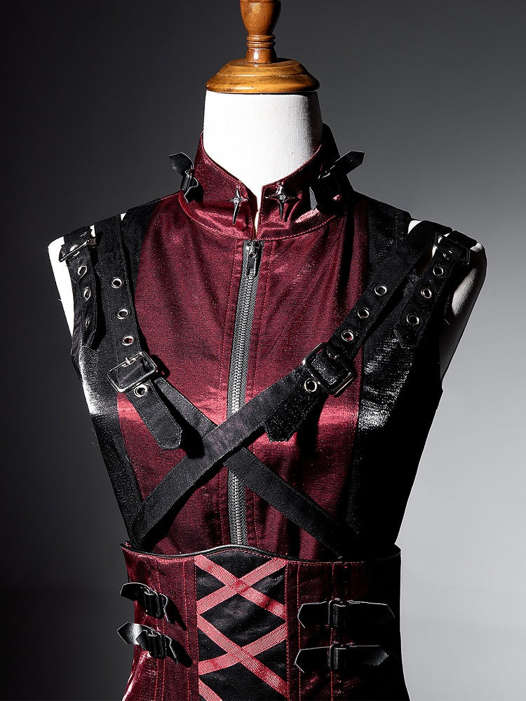 Skirt with Lolita Corset Straps Red Idol High Black Punk Belt and Waist Cascading Ruffle