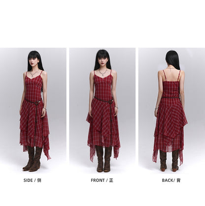 Red Plaid V-Neck Handkerchief Hem Cami Dress
