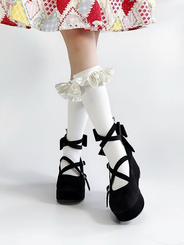 PU - Round Design Black Sweet Bow Wedge Crisscross Platforms Toe Accent