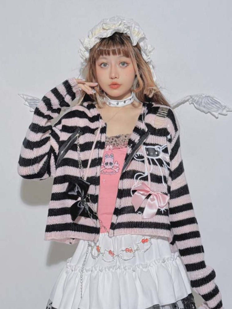 Pink&Black Striped Bowknot Heart-shaped Chain Knit Hooded Cardigan