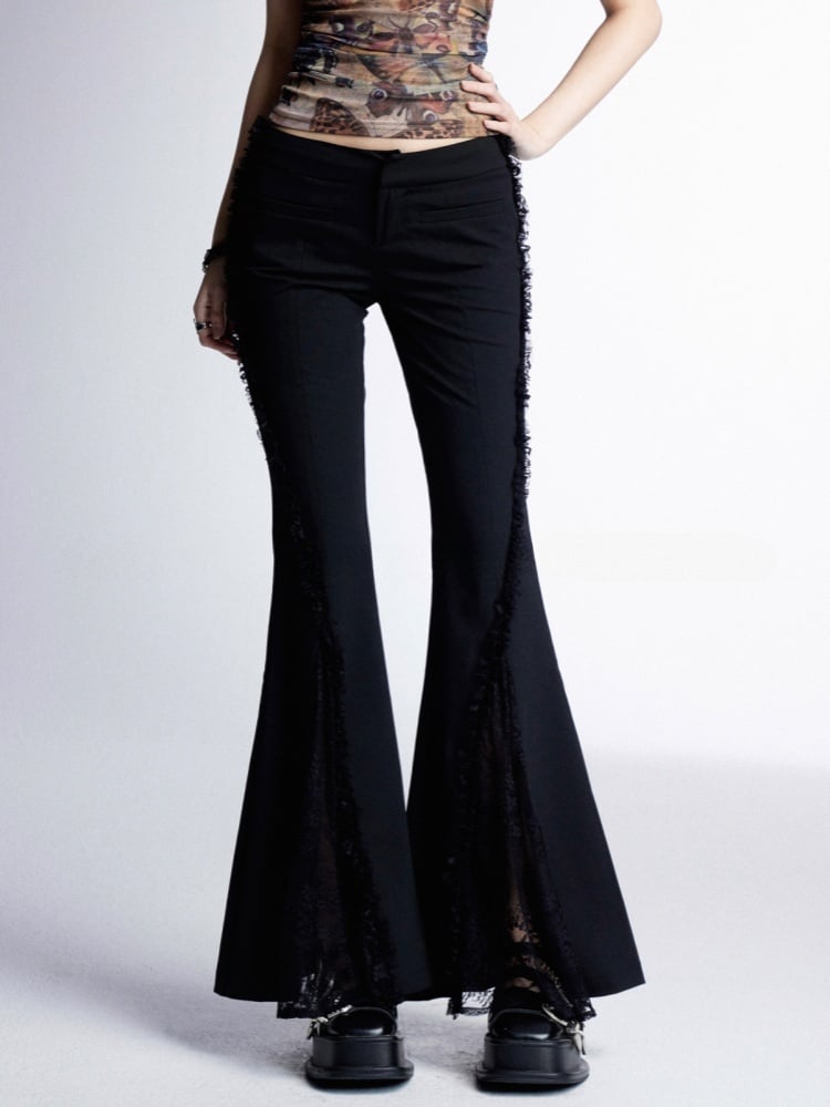 Lace Patches Cuffs Hem Glamorous Waist Raw Black Low Flared Pants
