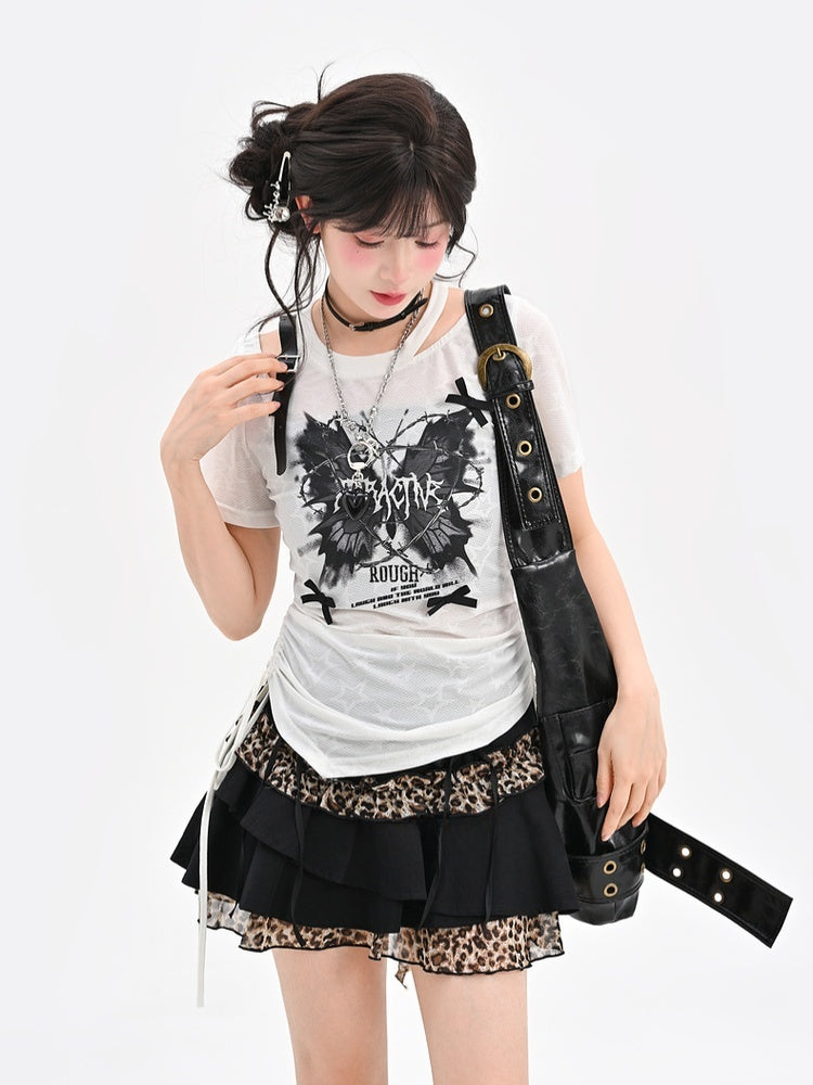 Y2K Black Leopard Pattern Mini Tiered Skirt with Details Glamorous Lace-up