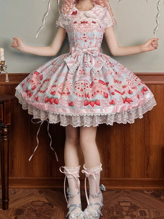 und Kleid Print Süßer Pullover Erdbeerblauer Rock Süßer Kuchen Lolita