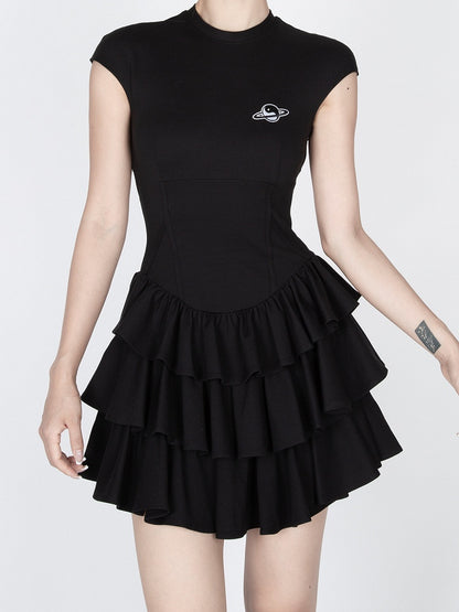 Black/White Tiered Ruffles Mini Skirt Short Sleeve Dress