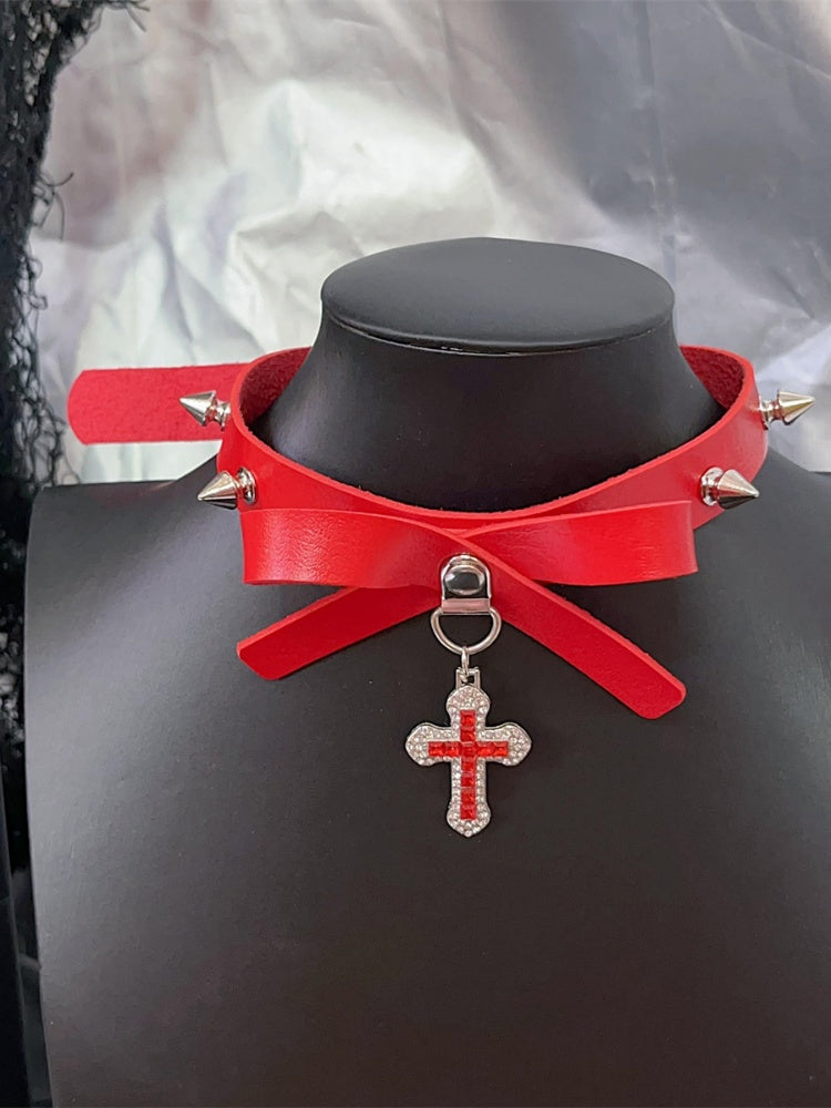 Red Bowknot Detail Punk Choker with Cross Pendant