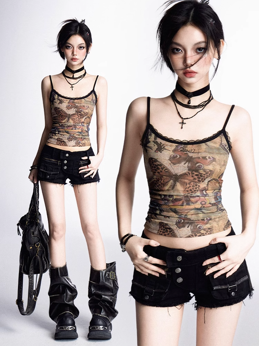 Mesh Cami Top Bittersweet Wasteland Punk Brown Butterfly Print