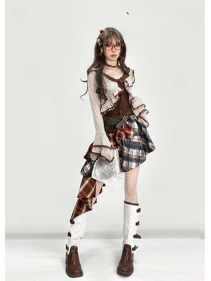 ヴィンテージレッドチェック柄ローウエストアシンメトリーヘムグラマラススカート