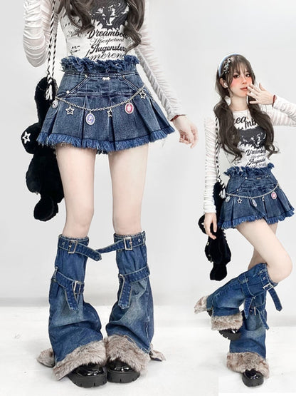 Y2K Vintage Dark Blue Distress Trim Denim Glamorous Skirt+Buckle Strap Plush Trim Leg Warmers