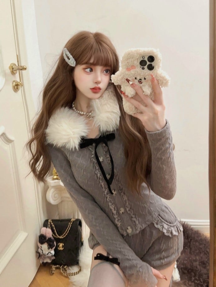 Fur With Hoodie Collar Detail Cardigan Black Gray Knit Faux Bow