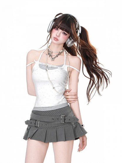 Gray/White Halter Neck Bowknot Details Faux Two-Piece Glamorous Cami Top