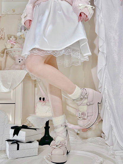 Heels Decorated Beaded Kei Pink And at High Top Platform Jirai Matte Bow Rhinestone Block