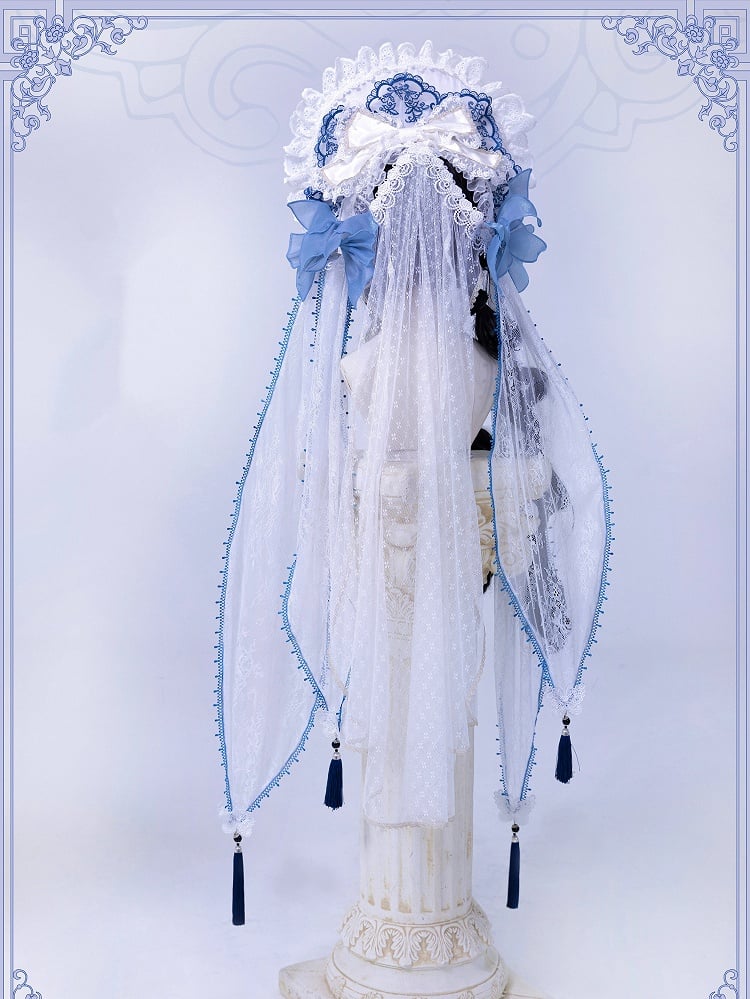 White Bonnet Blue and Detachable with Veil