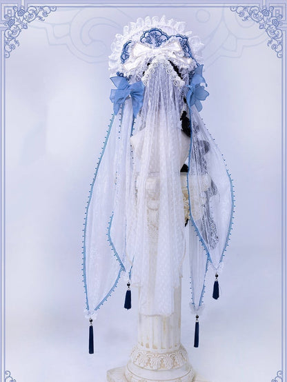 White Bonnet Blue and Detachable with Veil