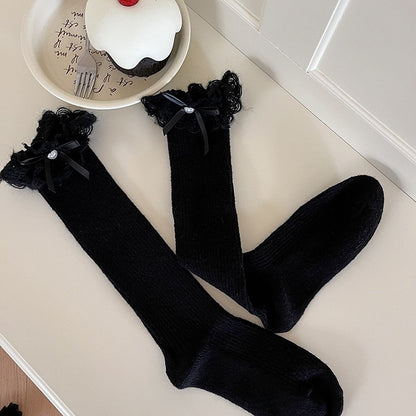 Chaussettes Lolita blanches à revers en dentelle et nœud papillon