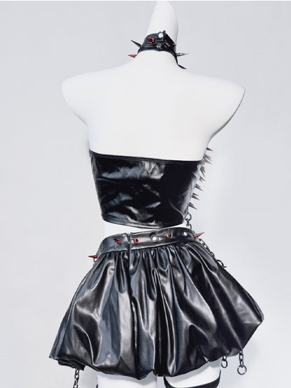 Punk Black Halter Neck Studs Cross Chain Sleeveless Top+Skirt Set