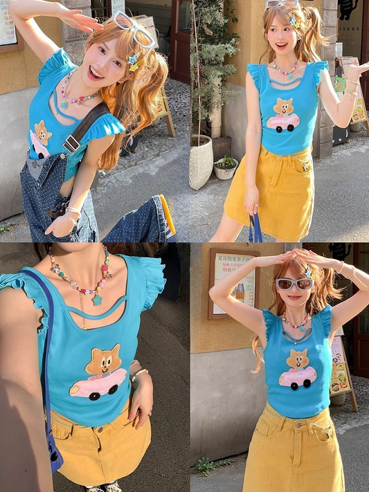 Free Kitty Applique Flutter Sleeves Top Blue Cute Necklace with