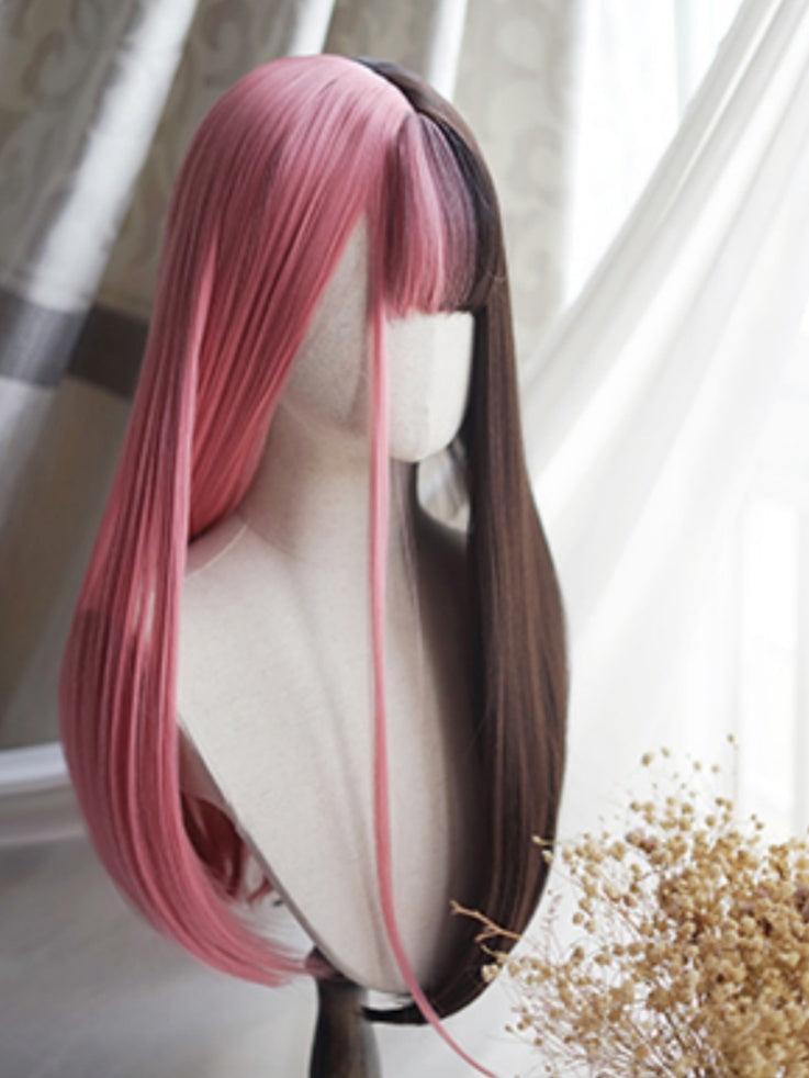 Pink&Black Split Color Waist Length Straight Wig With Full Bangs