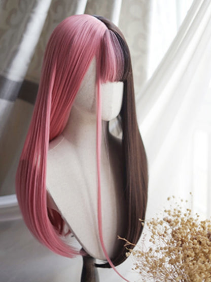 Pink&Black Split Color Waist Length Straight Wig With Full Bangs