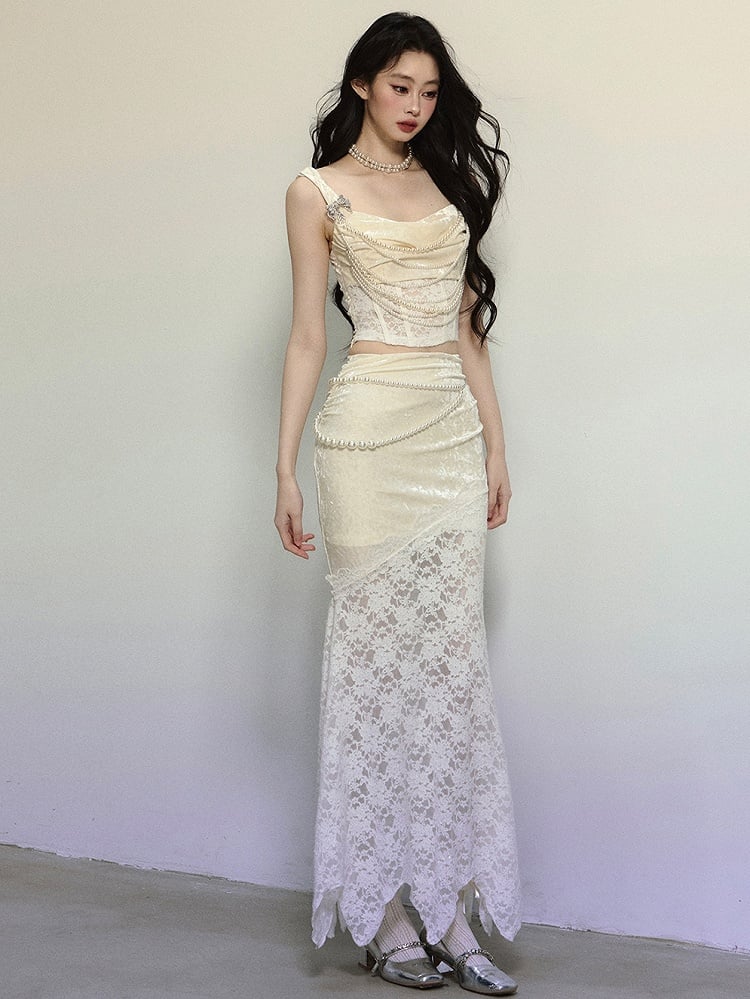 Apricot High Waist Lace Patchwork Mermaid Skirt