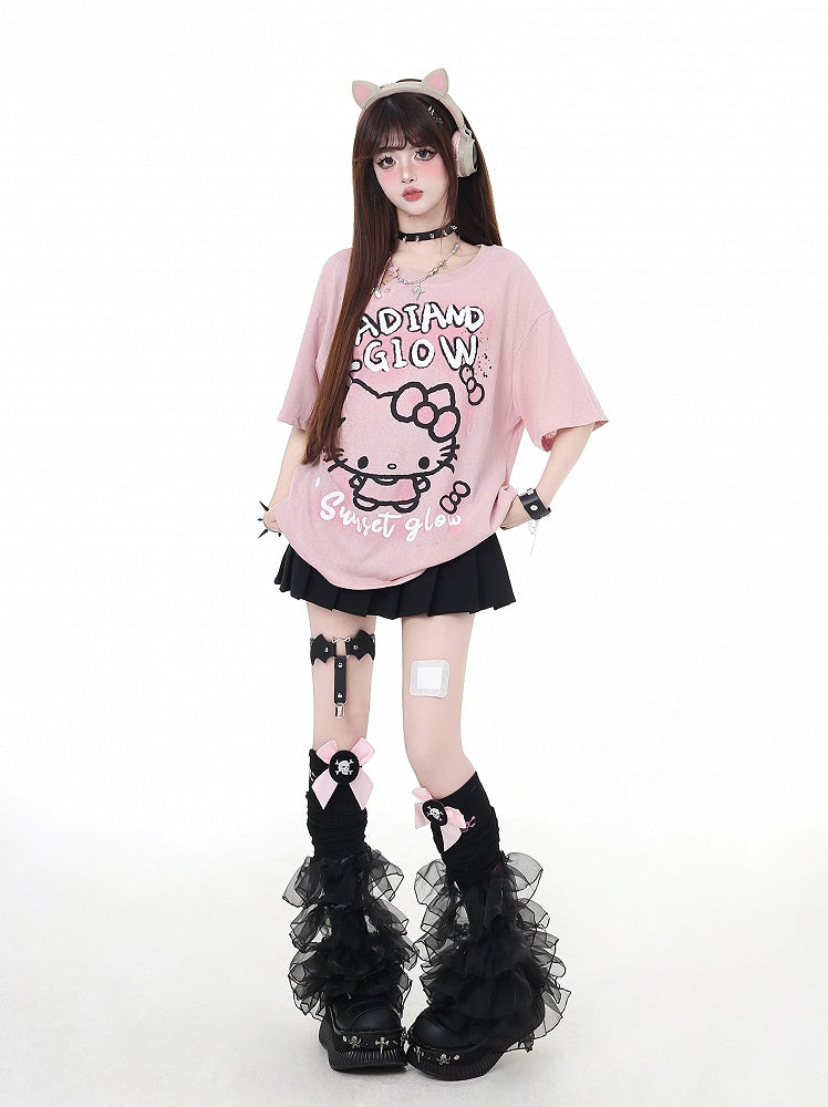 Entzückendes Kitty Graffiti Pink/Weiß Bittersüßes Detail T-Shirt Button