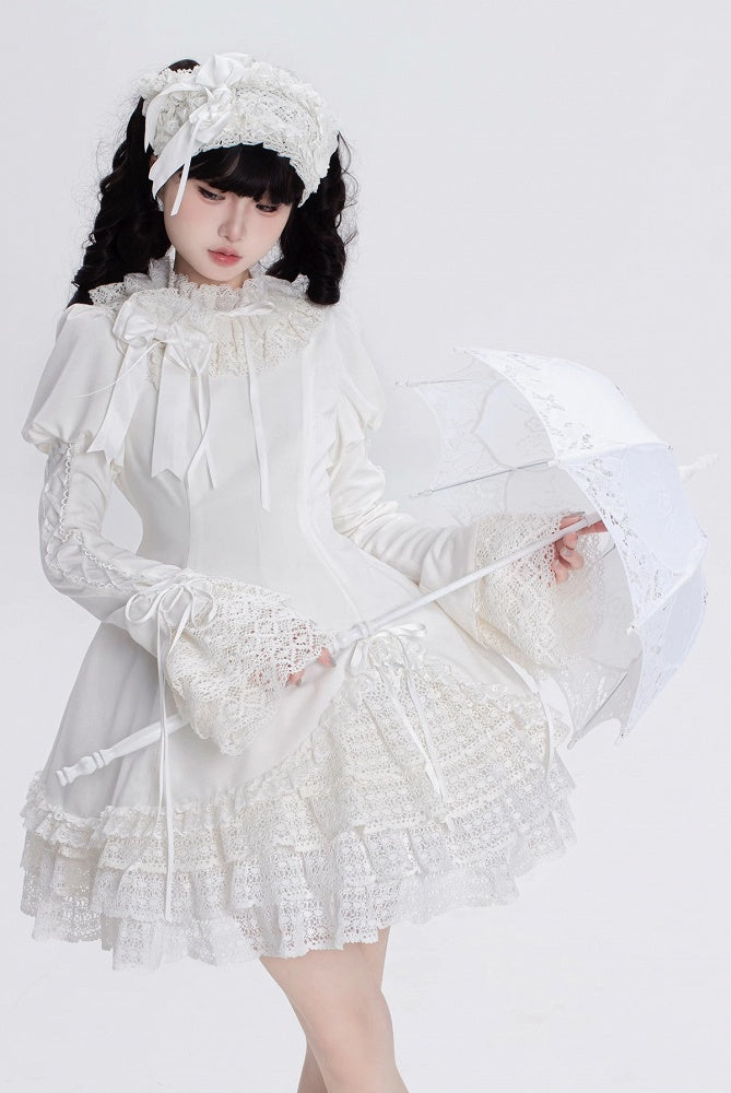 Robe Lolita Shiro à manches longues et col à volants entièrement blanche