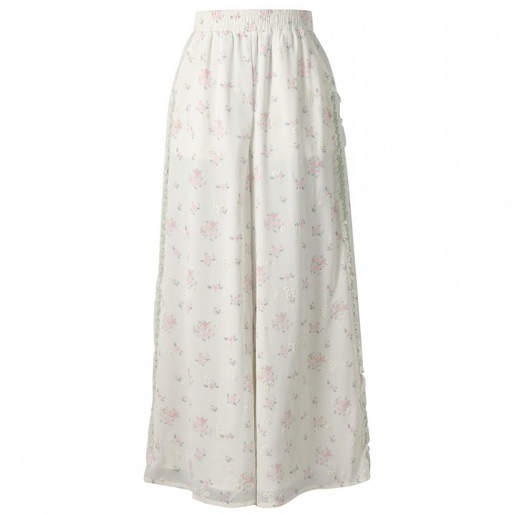 Short/Regular Lace Trim Wide-Leg Pants Floral White Elastic Waist Ruffled Version