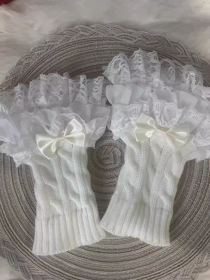 White Bow Layered Lace Cuff Knitted Wrist Cuffs