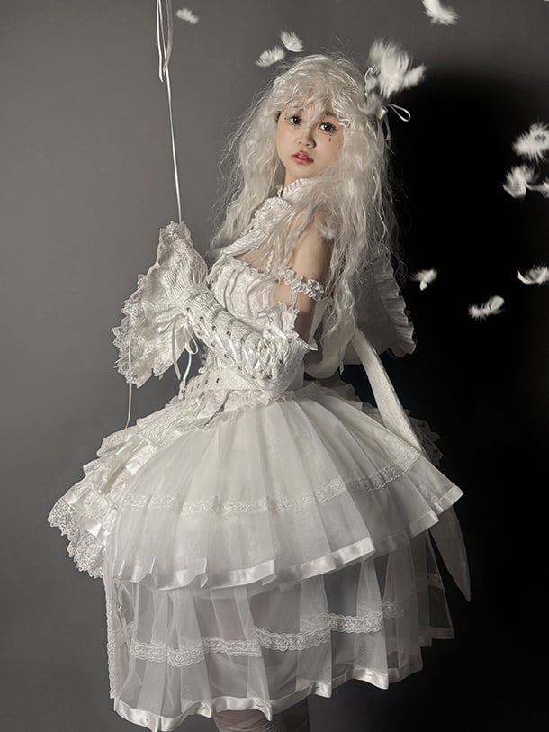 Set Halter Lolita Neck Sleeveless Gothic Skirt Tiered Full + Shiro White Top
