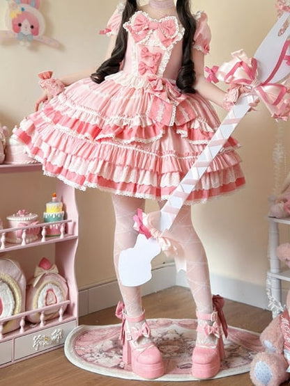 Dress Pink Sweet Lolita Short Piece One Sleeves Bow Accents