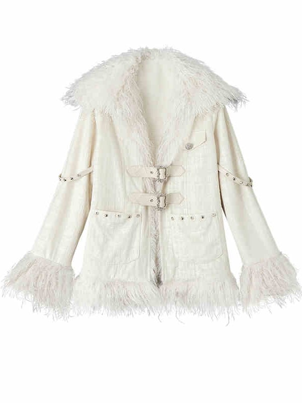 Silver Buckles and Studs Milk White Punk Loose Winter Coat