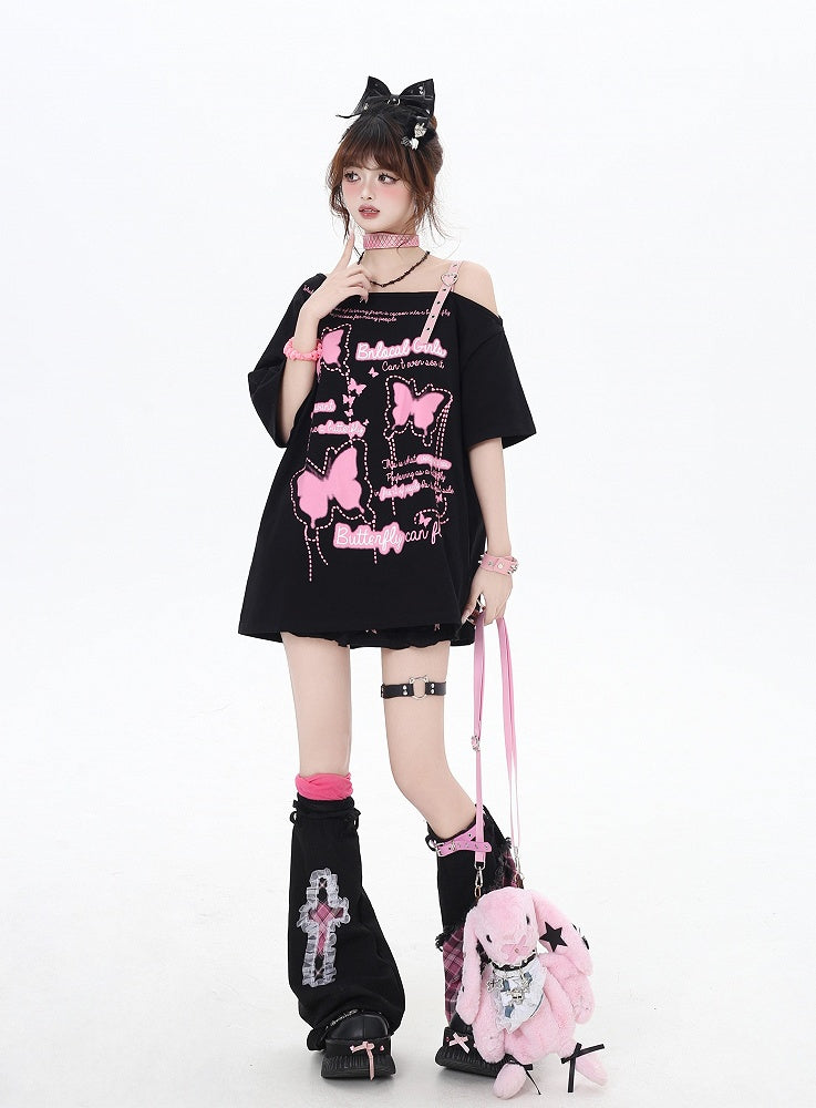 Asymmetrical Neckline Butterfly Print Heart Buckle Black/Pink T-Shirt Loose
