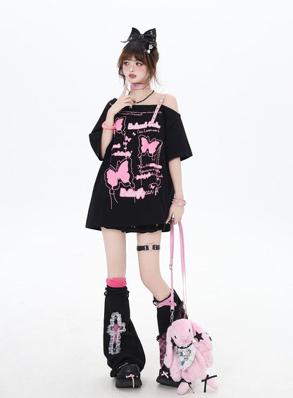 Asymmetrical Neckline Butterfly Print Heart Buckle Black/Pink T-Shirt Loose
