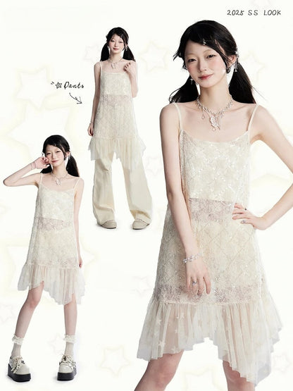 Strapless Hem Cropped Sequins Mesh Slip Dress/Apricot Apricot Semi-sheer Top Star Pattern Asymmetrical