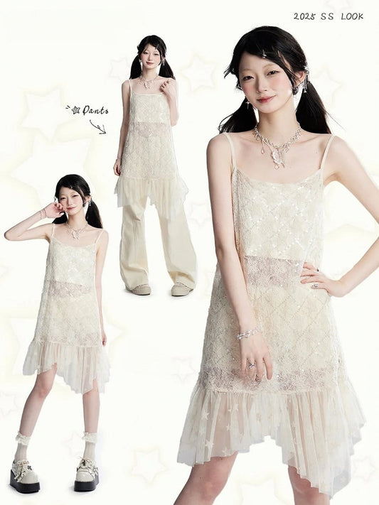 Strapless Hem Cropped Sequins Mesh Slip Dress/Apricot Apricot Semi-sheer Top Star Pattern Asymmetrical
