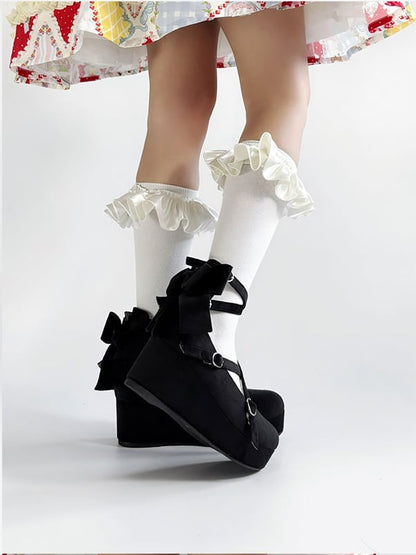 PU - Round Design Black Sweet Bow Wedge Crisscross Platforms Toe Accent