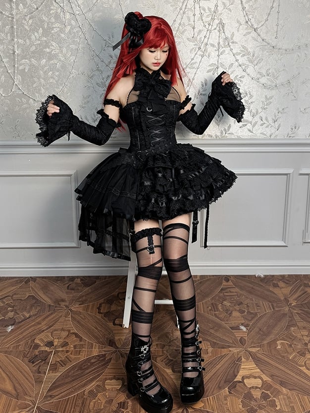 Skirt Set Sleeveless Kuro Lolita Gothic Tiered Full Halter Neck Top Black +