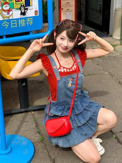 Overalls Lined Blue Tiered Ruffles Distressed Denim Design